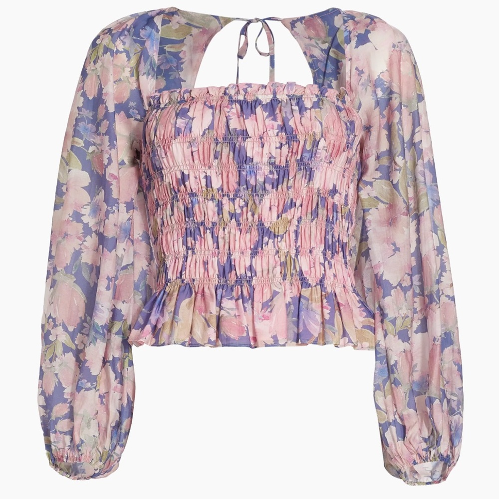 Astr Floral Smocked Long-Sleeve Crop Top - Pink & Lavender